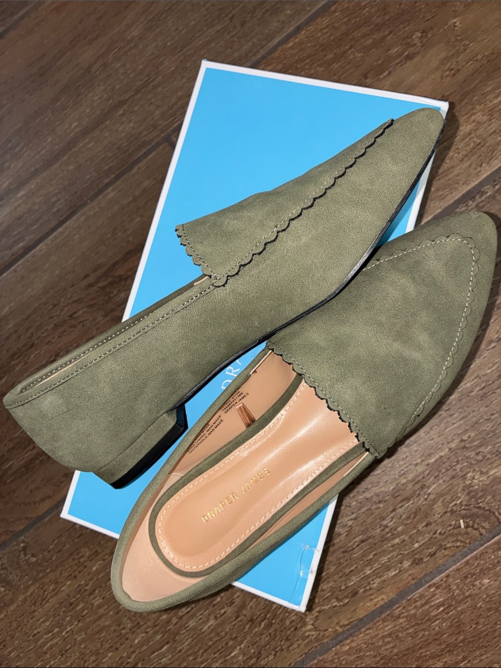 Draper James Olive Suede Scalloped Loafer Style Flats